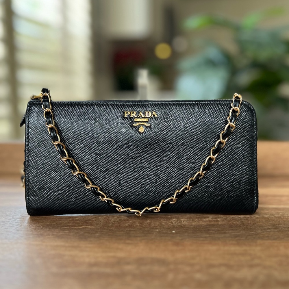 Prada Black Wallet with Gold Chain